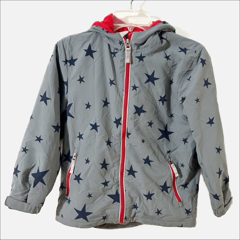 Hanna Anderson Hooded Winter Jacket Stars Print Fleece Line Reflective Front Zip